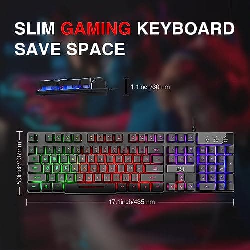 Rii RK100+ Multiple Color Rainbow LED Backlit Large Size USB Wired Mechanical Feeling Multimedia PC Gaming Keyboard,Office Keyboard for Working or Primer Gaming,Office Device