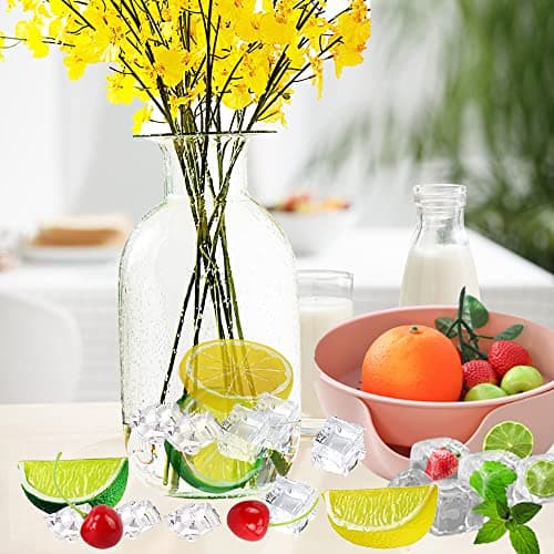 40 Pcs Fake Crushed Ice and Square Ice Rocks,10 Pcs Artificial Fruit Lemon Slices, 4 Pcs Simulation Lemon Blocks and 10 Pcs Lifelike Cherries for Home Kitchen Decoration Photography Prop