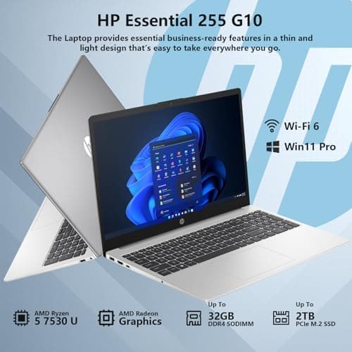 HP Essential 255 G10 Entry Business Laptop, 15.6" FHD Anti-Glare Display, AMD Ryzen 5 7530U, Radeon Graphics, 32GB RAM, 1TB SSD, Wi-Fi 6, USB-C, HDMI, Webcam, Fast Charging, Windows 11 Pro, Silver
