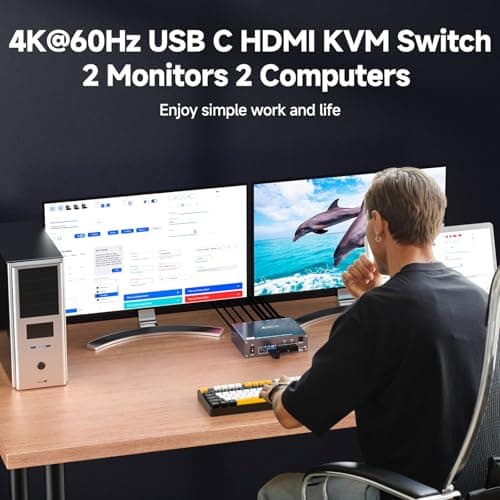 USB C KVM Switch 4K@60Hz,Dual Monitor USB C HDMI KVM Switch for 1 PC and 1 Laptop Sharing 2 Monitor and 4 USB3.0 Devices, PD Power for Laptop with Wired Remote Control and USB Cables Included