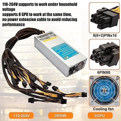 VTRETU 2000W Mining Power Supply 2U Miner PSU 110-264V for ETH Miner Machine, Support 8 GPU Mining rig, with 12000 RPM Powerful Fan (10 Connection Cables and 1 Power Cord