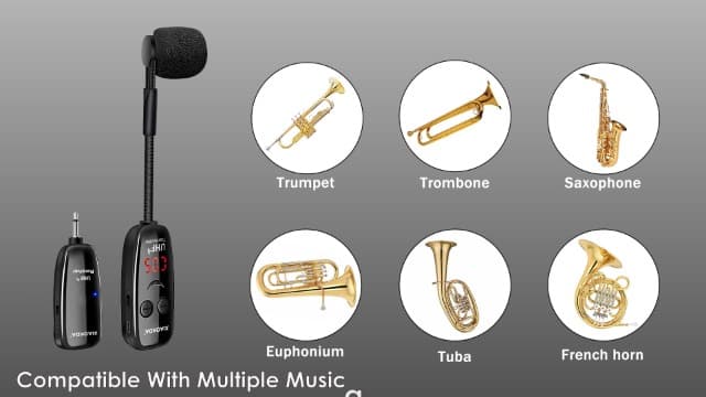 XIAOKOA UHF Wireless Instruments Microphone,Saxophone Microphone,Wireless Receiver and Transmitter,164ft Range,Plug and Play,Great for Trumpets, Clarinet, Cello