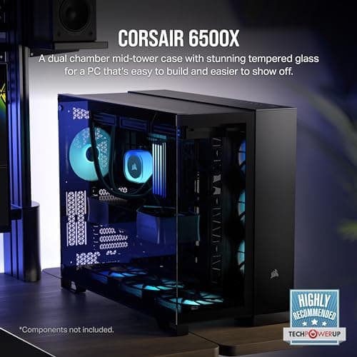 CORSAIR 6500X Mid-Tower ATX Dual Chamber PC Case – Panoramic Tempered Glass – Reverse Connection Motherboard Compatible – No Fans Included – Black