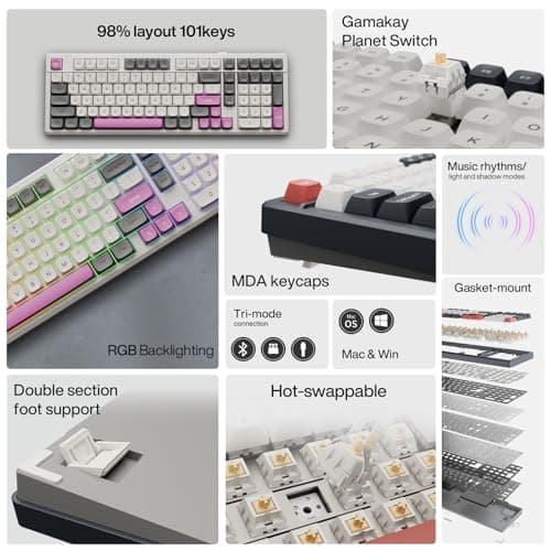 GK GAMAKAY TK101 98% Mechanical Keyboard with Number Pad, Hot Swappable, Pre-lubed Linear Switches, Tri-Mode Bluetooth/2.4GHz/USB-C 101 Keys RGB Backlit Gaming Keyboard (Cyan&Gray, Saturn Swicth)