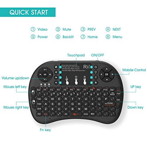 Rii 2.4GHz Mini Wireless Keyboard with Touchpad＆QWERTY Keyboard, Backlit Portable with Remote Control for Laptop/PC/Tablets/Windows/Mac/TV/Xbox/PS3/Raspberry Pi .(Black)