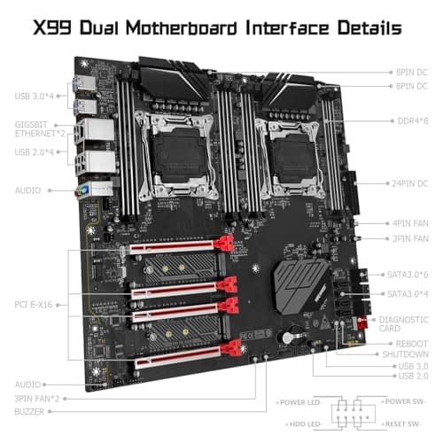 MACHINIST X99 Dual CPU Motherboard, Intel (5th/6th Gen) LGA 2011-V3 Computer Server Motherboards (E-ATX, PCIe 3.0, DDR4, Dual LAN, M.2, SATA 6Gb/s) for Intel Core i7, XEON E5 V3/V4 Series X99-D8 (Red)