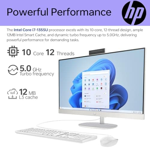 HP 27 i7 Business All in One Desktop, 27" FHD, Intel i7-1355U, 64GB RAM, 2TB SSD, Wired Keyboard & Mouse, IR Camera, HDMI, Wi-Fi 6, Windows 11 Pro, White with ADATA 512 External SSD Bundle
