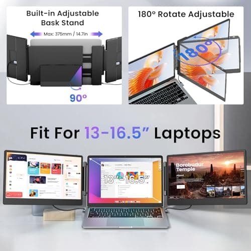 Laptop Screen Extender, 14" FHD 1080P Triple Portable Screen Extender Monitor for 13"-16.5" Laptop with Stand Dual Monitors Built-in Speakers, Laptop Monitor Extender for MacOS/Wins/Chrome/Dex