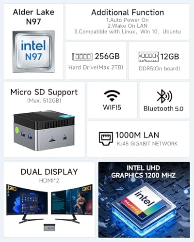 GMKtec Mini PC NucBox G5, Intel 12th Gen Alder Lake N97 (up to 3.6GHz), 12GB RAM 256GB M.2 SSD, Home, Business, Office Mini Computer, 4K UHD Dual HDIMI, RJ45 Ethernet