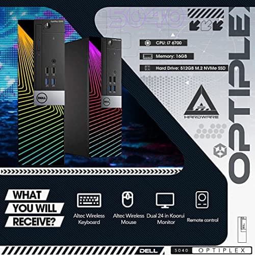 Dell OptiPlex Desktop Computers PC with Dual Koorui 24 Inch Monitor Bundle, Intel Core i7-6700, 16GB Ram 512GB M.2 NVMe SSD, Built-in WiFi and Bluetooth, RGB Light, Windows 11 Pro (Renewed)