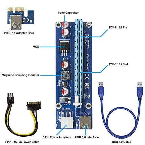 Kingwin PCIe Riser Card Adapter 1x to 16x with 6-Pin Power Cable, SATA to PCI-E Extension Cable for GPU Bitcoin Mining, Ethereum, ETH, Crypto Mining Rig (Latest Version)