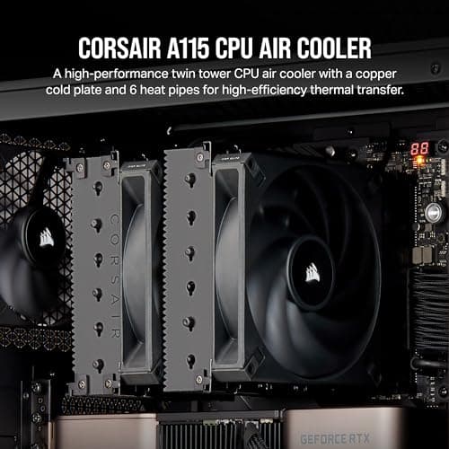 CORSAIR A115 High-Performance Tower CPU Air Cooler — Cools up to 270W TDP - Slide-and-Lock Fan Mount - Two Corsair AF140 Elite Fans - Easy to Install - Pre-Applied Thermal Paste — Black