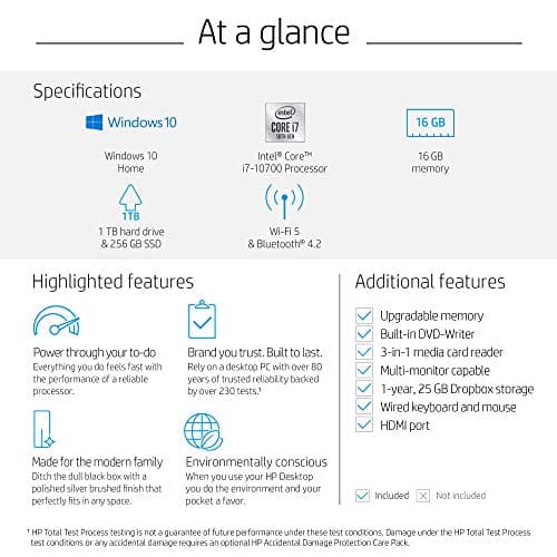 HP Pavilion Desktop, 10th Gen Intel Core i7-10700 Processor, 16 GB RAM, 1 TB hard drive + 256 GB SSD, Windows 10 Home (TP01-1070, Silver)
