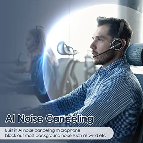 Wireless Headset, Bluetooth Headset with AI Noise Cancelling Mic, Bluetooth V5.2 Headphones with USB Dongle, Charging Base & Mic Mute for PC/Cell Phones/Call Center (Binaural, Black)