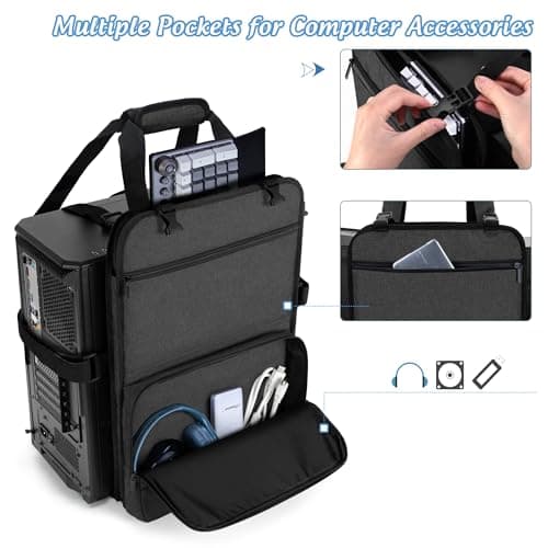 Trunab PC Tower Carrying Strap with Handle, Desktop Carrying Case with Pockets for Keyboard, Cable and Computer Accessories, Ideal for Transporting On The Go (Patented Design)
