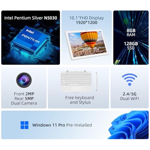 2-in-1 Detachable Touch Screen Laptop, 8GB DDR4 RAM, 128GB SSD, 10.1" Win 11 Tablet with Keyboard, Pentium N5030 (Up to 3.1GHz), Dual-Band WiFi, Bluetooth, USB 3.0, Dual Camera, White