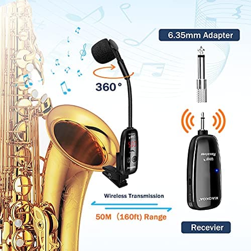 XIAOKOA UHF Wireless Instruments Microphone,Saxophone Microphone,Wireless Receiver and Transmitter,164ft Range,Plug and Play,Great for Trumpets, Clarinet, Cello