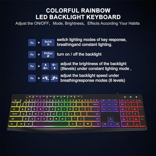 Computer Keyboard Wired,7-Color Rainbow LED Backlit, Quiet Light Up Keyboard with Multimedia Keys,Low Profile Chiclet Keys,Large Number Pad,Spill-Resistant, Anti-Wear Letters for Windows Mac PC Laptop