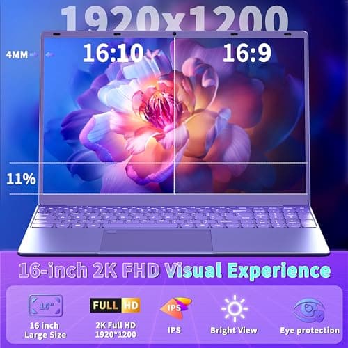 16" Purple Laptop - 12th Gen Intel N95, 12GB LPDDR5 RAM, 1TB NVMe SSD, 2K FHD IPS Display, 7-Color Backlit Keyboard, Fingerprint, Win11 Pro/Office 2019 | Lightweight for Study Work & Play