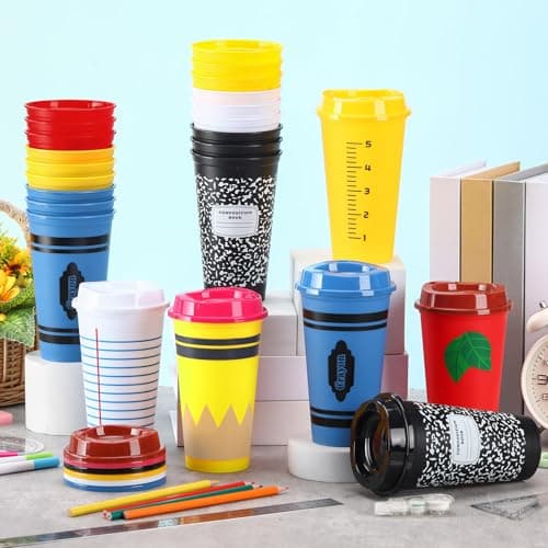 Skylety 24 Pcs Back to School Gifts for Teaher Teacher Appreciation Gift Bulk Teacher Appreciation Tumblers Bulk Reusable Plastic Coffee Cup with Lid (Elegant)