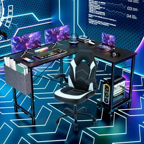 Sweetcrispy L Shaped Desk - Computer Desk Corner Desks Gaming Desk PC Table with CPU Stand Side Bag for Home Office Dorm Sturdy Writing Workstation, Black, 50-Inch
