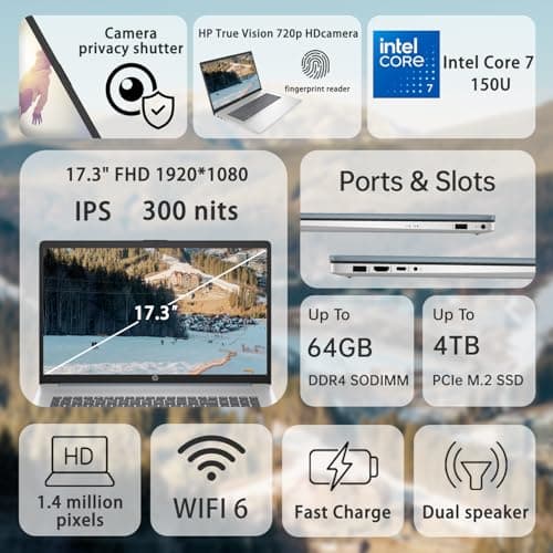 HP 2025 Essential Laptop, 17.3" FHD, Intel Core 7 150U (Beats I7 1335U), 32GB RAM, 1TB SSD, Fingerprint Reader, Backlit Keyboard, Wi-Fi 6, Win 11 Home, Blue, Bundle with ADATA 512 External SSD