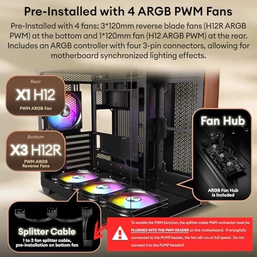 Genuine Walnut Wood PC Case, Pre-Installed 4 x 120mm ARGB & PWM Fans, Type-C Port, Panoramic View Tempered Glass Side Panel, Black, ATX Case, Mid-Tower, Mirage 6