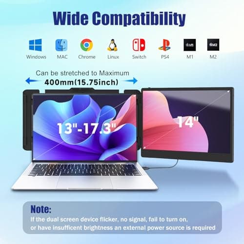 Laptop Screen Extender, 14" FHD 1080P IPS Laptop Monitor Extender Dual Screen, Portable Monitor for Laptops 13-17" with USB-C/HDMI Port, Plug n Play for Windows/Mac/Android/Switch/PS5