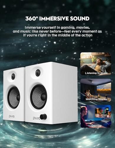OHAYO 60W Computer Speakers for Gaming and Music, Active Bluetooth 5.3, Stereo 2.0 Speakers for Desktop PC Monitor or Laptop, Surround Sound Speaker, 3.5 mm Aux RCA Input, USB-Powered, 1 Pair, White