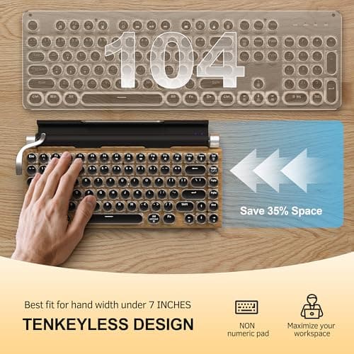 Retro Typewriter Wireless Mechanical Gaming Keyboard, Bluetooth 5.0 Office Computer Vintage Keyboards 83-Key Blue Switches Punk Round Keycap, LED Backlight, Compatible with PC/Laptop/Pad/Phone, Wood