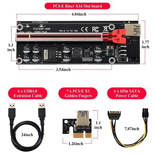 6PACK PCI-E 1X to 16X V009S-PLUS Riser Card with 7 PCI-E 1X Plug-in Adapter Card with 24in USB 3.0 Extension Cable for Bitcoin Crypto Mining Ethereum Mining（6 Pack）