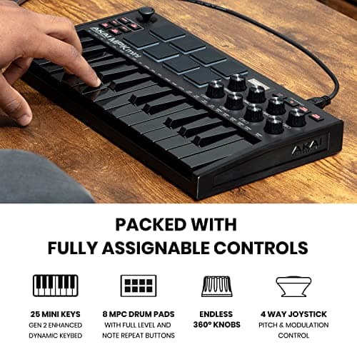 Akai Professional MPK Mini MK3 - 25 Key USB MIDI Keyboard Controller With 8 Backlit Drum Pads, 8 Knobs, Music Production Software and Native Instruments Sound Package (NKS Integration), Black