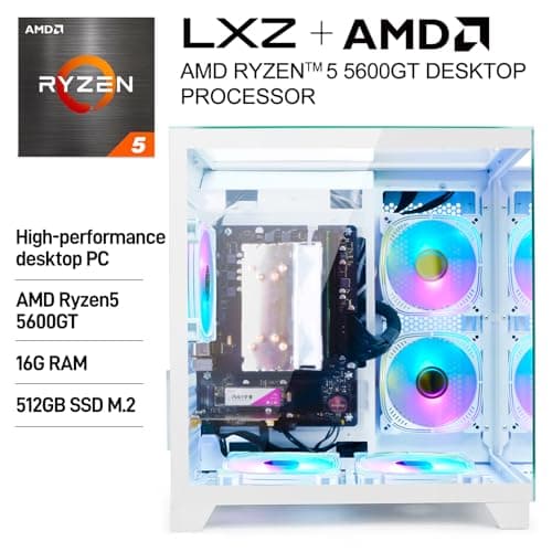 LXZ Desktop PC Computer Ryzen 5-5600GT 8 core 3.6GHz, 16G DDR4 RAM, 512G NVME SSD, Tower Computer with 400W Power Supply for Working, Home and Office (White)