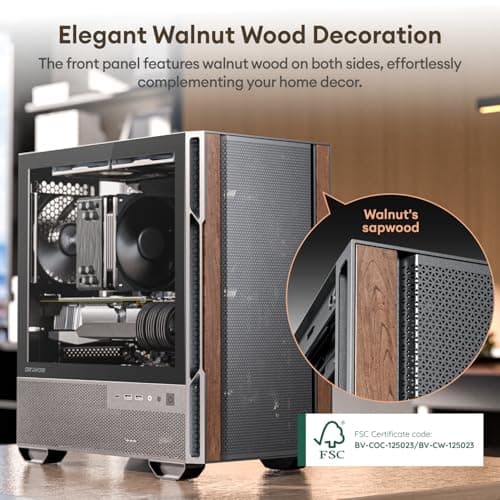 Genuine Walnut Wood Micro ATX Case, MATX PC Case with 4 × 120mm 3 Pin Non-PWM Case Fans Pre-Installed, Temper Glass Side Panel, with Type-C, Black, Cypress 3 Wood