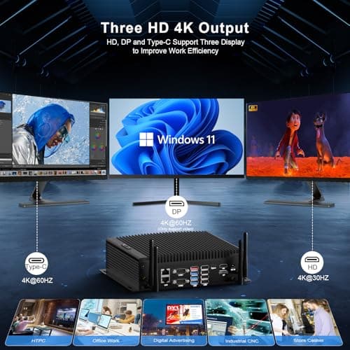 HISTTON Fanless Mini PC Core i7-10710U, 16GB RAM 512GB M2. SSD, Industrial PC with 6 RS232 COM, HD+DP+Type-C Triple Display, 2 LAN, 8 USB, GPIO, SIM, WiFi, BT4.2, Mini PC Windows 11 Pro, Linux/Ubuntu