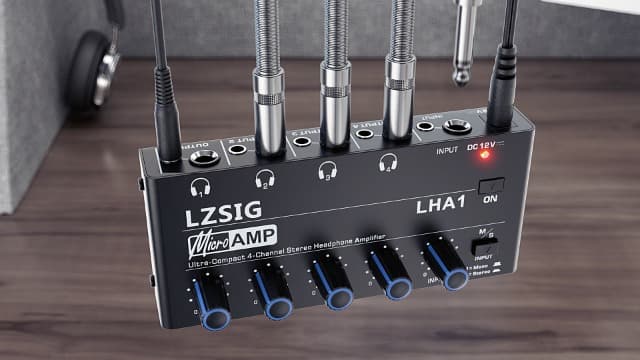 LZSIG Headphone Amplifier 4 Channel Metal Stereo Audio Amplifier, Mini Earphone Splitter with Power Adapter, 1/4" & 1/8" TRS Headphones Output and TRS Audio Input, DC 12V
