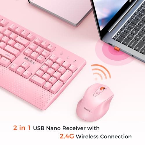 MEETION Wireless Keyboard and Mouse, Full-Sized Cordless Keyboard with Wrist Rest and 3 DPI Adjustable Mouse, 2.4G Wireless, Compatible with PC/Computer/Laptop/Windows/Mac, Pink