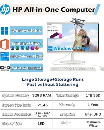 HP All-in-One Desktop Computer, Microsoft Office Lifetime License, Win 11 Pro, Wi-Fi 6, Bluetooth, Intel Celeron J4025 Processor, 21.5'' FHD Display (32GB RAM • 1TB SSD)