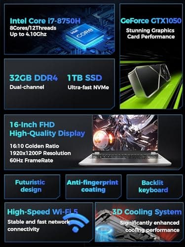 Gaming Laptop Computer, 16” FHD 60Hz Display, Core i7-8750H/GeForce GTX1050(6C/12T, Up to4.1Ghz), Business Laptop 32GB DDR4 RAM, 1TB PCIe3.0 SSD/HDMI/Webcam/Backlit Keyboard/Wi-Fi 5/Win11 Pro