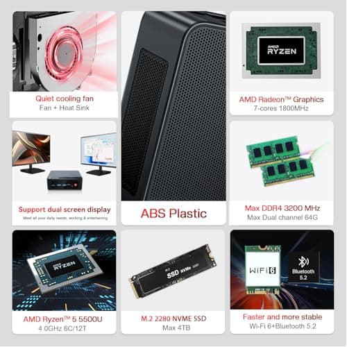 Beelink Mini PC AMD Ryzen 5 5500U (up to 4.0GHz, 6C/12T), Mini Computers 16G DDR4 RAM 500GB M.2 2280 NVME SSD, 4K Triple Display/WiFi6/BT5.2/2.5G LAN