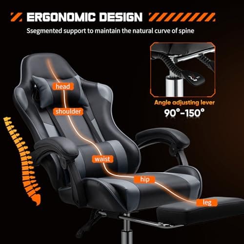 Sweetcrispy Video Game Desk Chair - Ergonomic Computer with Footrest and Comfy Lumbar Support, PU Leather Recliner with Headrest, Fixed Up Armrest, Height Adjustable with 360° Swivel, for Adults, Grey