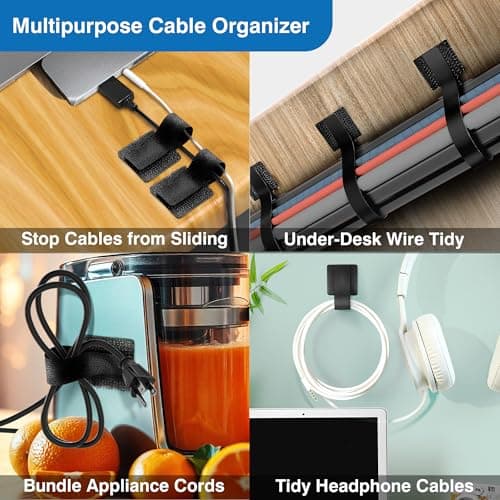 Cable Management Kit with 40 Self-Adhesive Hook and Loop Ties & 2 Extension Straps – 3M Sticky Cord Organizer for Under Desk, Home Office, Wall – Reusable Adjustable Nylon Wire Holders (Black)