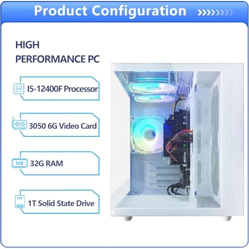 Gaming PC Core I5-12400F(6Cores Up to 4.4G) RTX 3050 6G Nvme SSD 1TB 32GB RAM 650W WiFi 6 Prebuilt Towers Desktop Computer White
