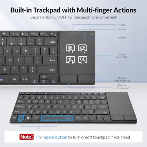 Rii Wireless Bluetooth Keyboard,Multi Device Rechargeable Stainless Steel Ultra Slim Keyboard with Multi-Touch Touchpad,Compatible with PC, Mac, Laptop(2.4G+BT New)