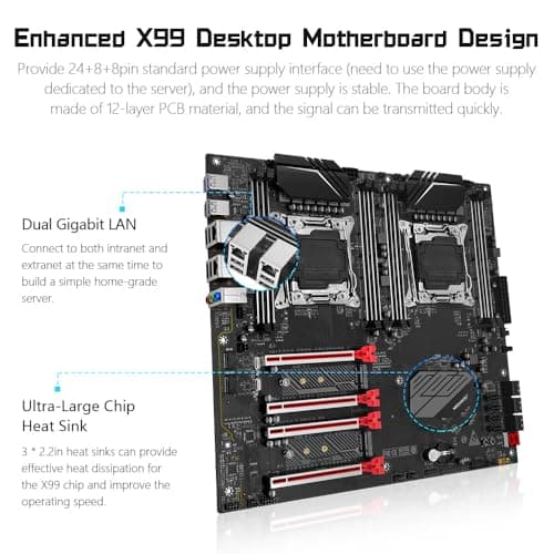 MACHINIST X99 Dual CPU Motherboard, Intel (5th/6th Gen) LGA 2011-V3 Computer Server Motherboards (E-ATX, PCIe 3.0, DDR4, Dual LAN, M.2, SATA 6Gb/s) for Intel Core i7, XEON E5 V3/V4 Series X99-D8 (Red)