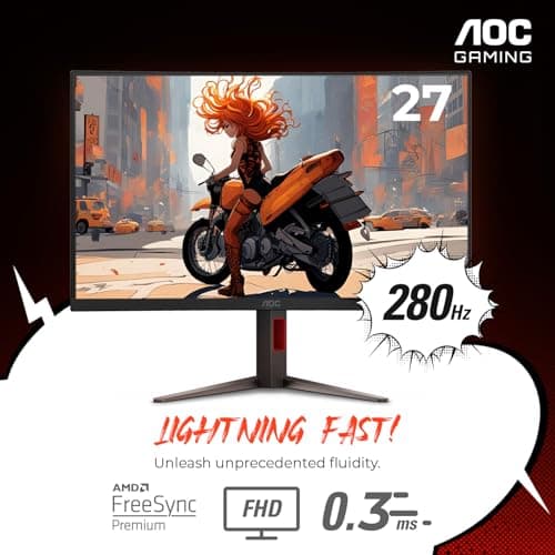 AOC C27G4ZH 27" Curved Frameless Ultra-Fast Gaming Monitor, FHD 1080p, 0.3ms 280Hz, HDMI/DP, Height Adjustable, 3-Year Zero Dead Pixel Guarantee, Black, Xbox PS5 Switch Compatible
