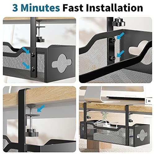 Under Desk Cable Management Tray No Drill, Metal Mesh Cable Management Under Desk with Clamp Mount, 2 Hole Cable Tray with Wire Management and Cord Organizer for Home Office Standing Desk