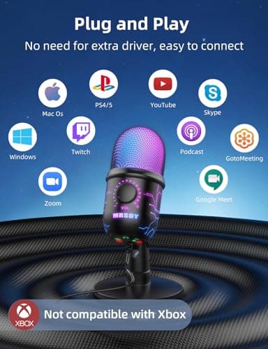 Gaming Microphone, USB Computer Microphone for PC, Mac, PS4/5, Condenser Podcast Mic for Studio Recording, YouTube, Streaming, with Headphone Jack, Led Light, Mute, Gain, Noise Cancellation