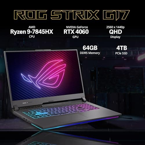 ASUS ROG Strix G17 17.3" QHD 240Hz Gaming Laptop, AMD Ryzen 9-7845HX, 64GB DDR5, 4TB PCIe SSD, NVIDIA GeForce RTX 4060, RGB Backlit Keyboard, Win 11 Pro, Gray, 128GB Hotface Extension Set