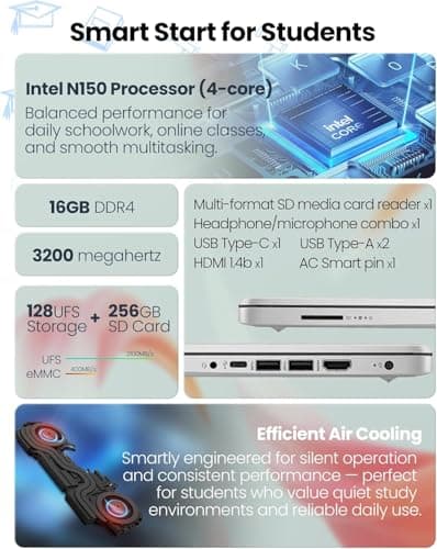 HP Student Business Laptop, Intel N150 Processor, 14 Inch LED, 16GB RAM, 384GB Storage(128GB UFS+256GB MSD), Wi-Fi 6, Copilot AI, Webcam, Office Pro Lifetime, Windows 11 Pro, w/Accessories